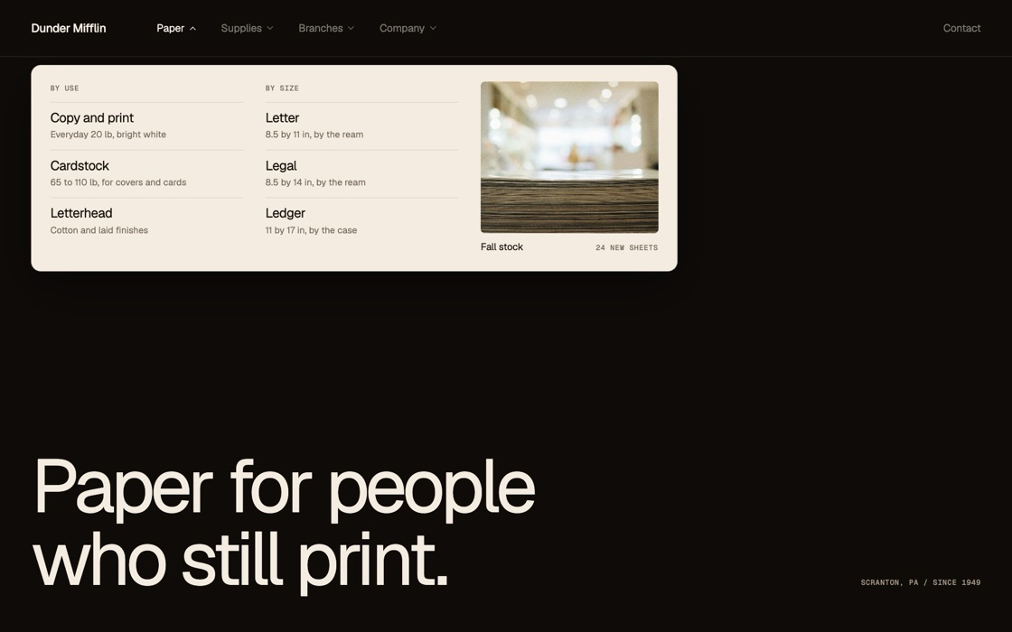 Mega menu, the effect at rest
