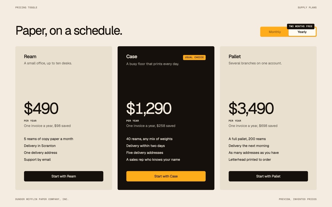 Pricing toggle, the effect at rest